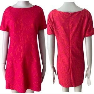 CYNTHIA STEFFE Lace Shift Dress A-Line Fuchsia Pink Short Sleeves